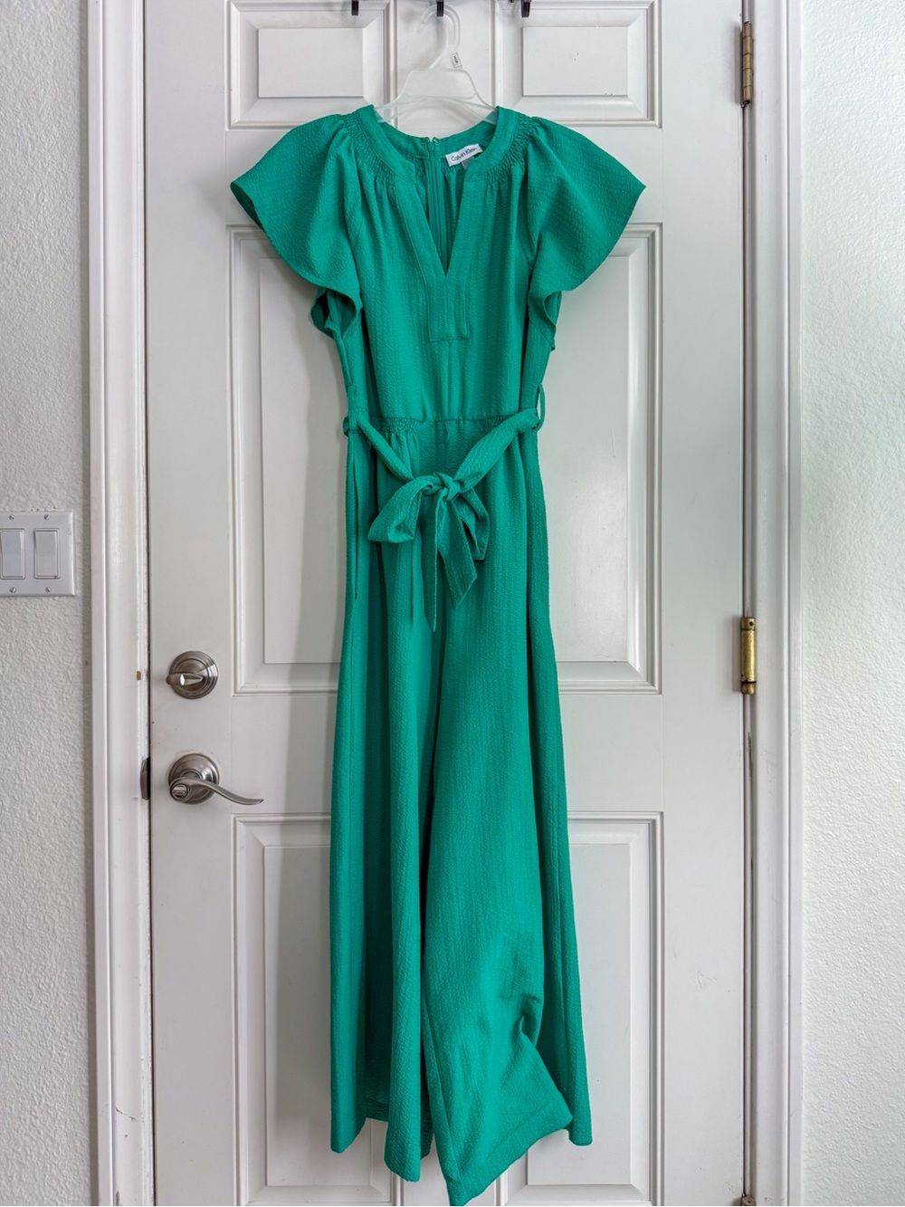 Calvin Klein Green Flutter Sleeve Jumpsuit with Waist Tie
